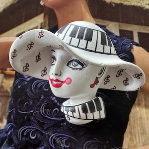 1990s Miss Matinee Signed Artisan Lady Brooch Piano Key Hat Music Figural Resin Pin Vintage Jewelry