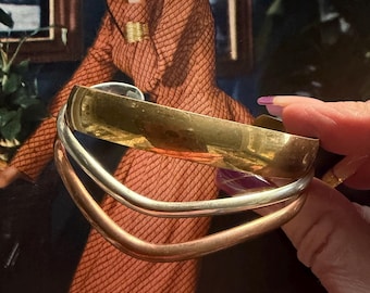 1970s Renee Lepre Signed Mixed Metal Brutalist Cuff Bracelet Copper Brass Silver Modernist Artisan Designer Jewelry