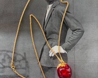1990s Avon Signed Red Lucite Apple Pendant Necklace With Rhinestone Leaves Gold Tone Chain Vintage Fruit Jewelry