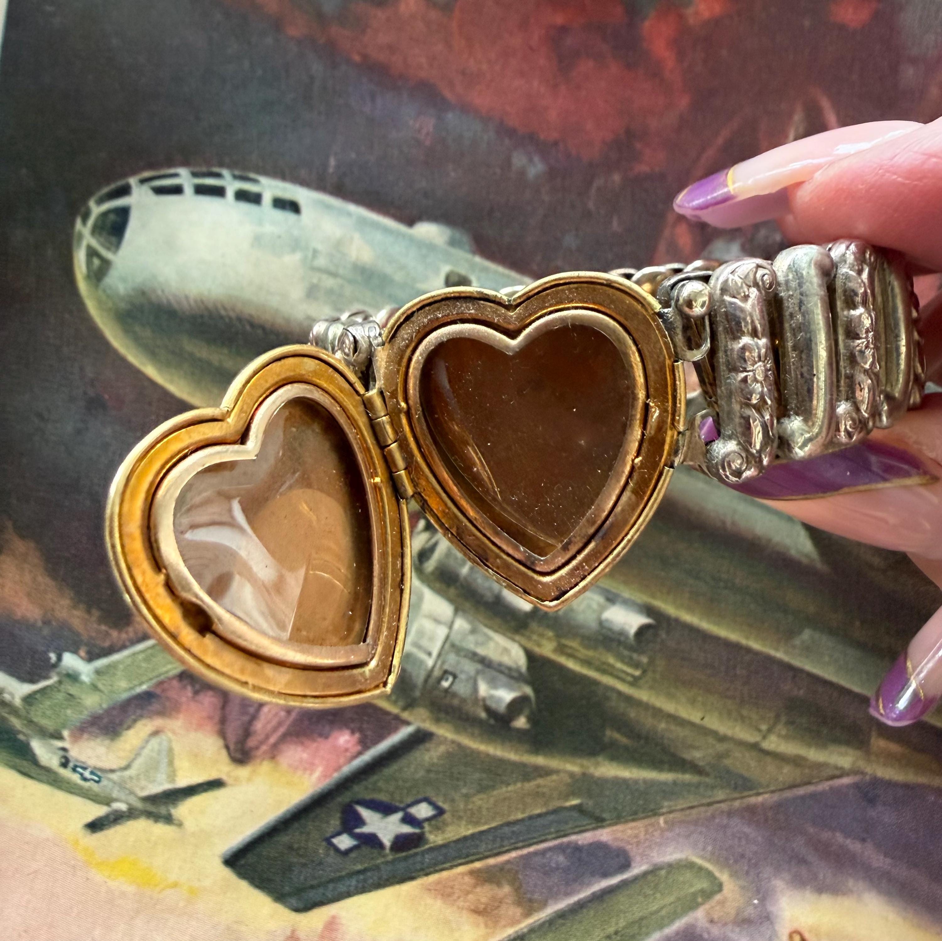 1940s Floral Etched Locket Sweetheart Expansion Bracelet WWII 