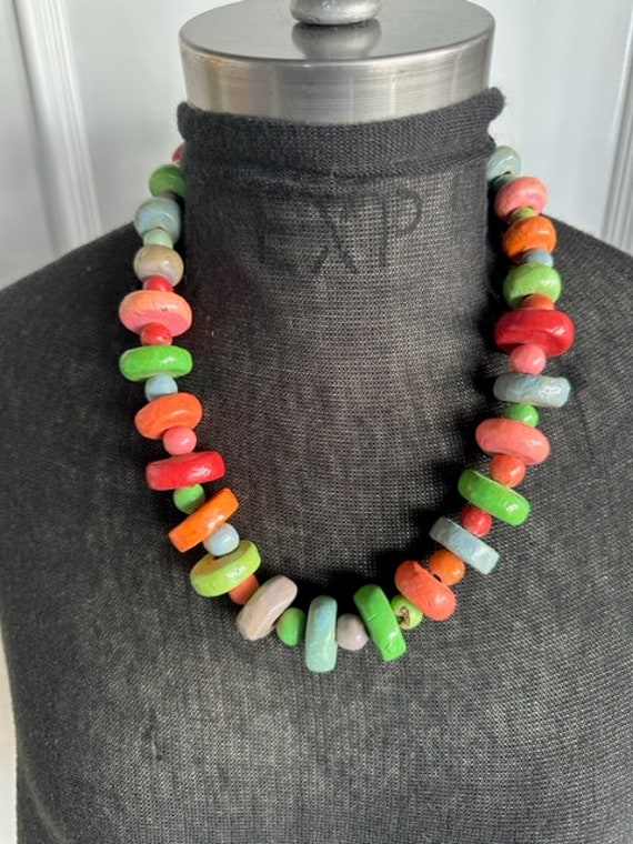 70s Handmade Clay Beaded Necklace,Vintage Bright … - image 7