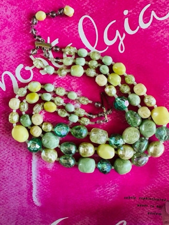 50s Green and Lime Green 3-strand Beaded Necklace,
