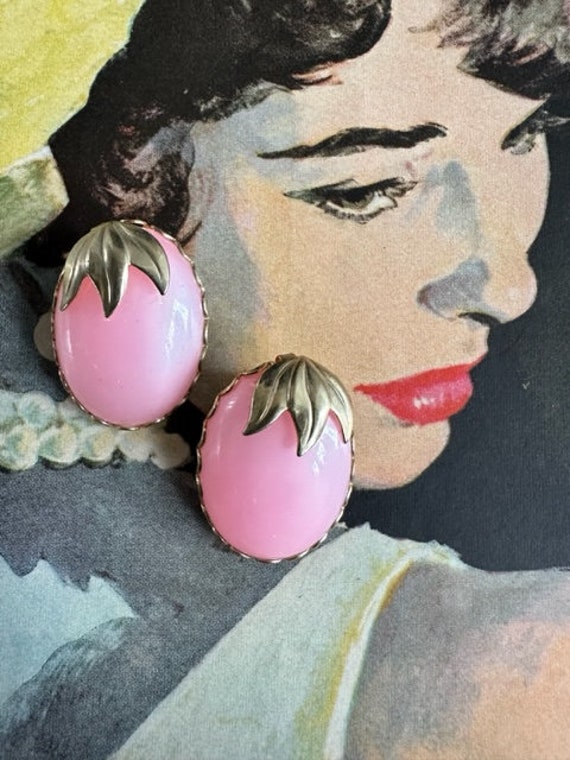 50s Pink Thermoset Earrings with Gold Leaf Accents