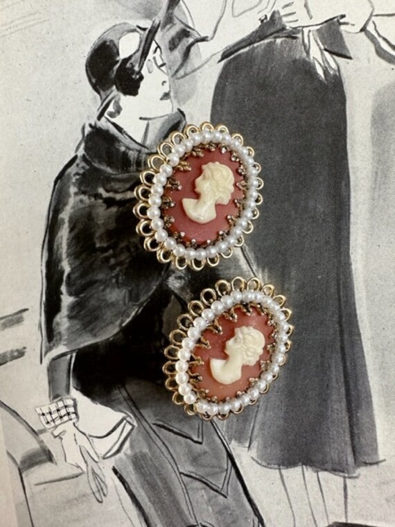 Cameo with Tiny Pearls Earrings, Cameo Earrings, … - image 1