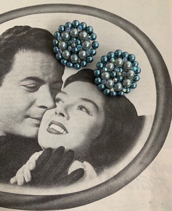 1960s Dusty Blue Green Pearl Button Earrings, 60s… - image 8