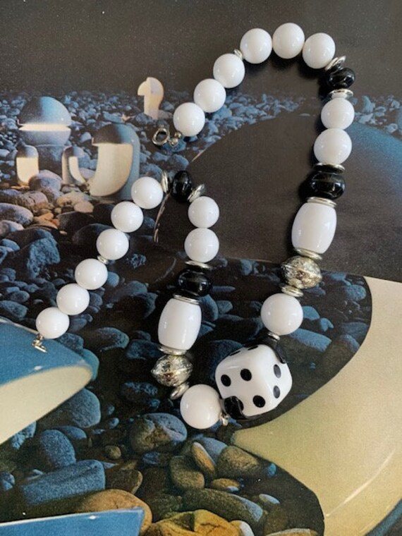 80s Black & White Beaded Necklace, 80s Dice Jewelry, … Gem