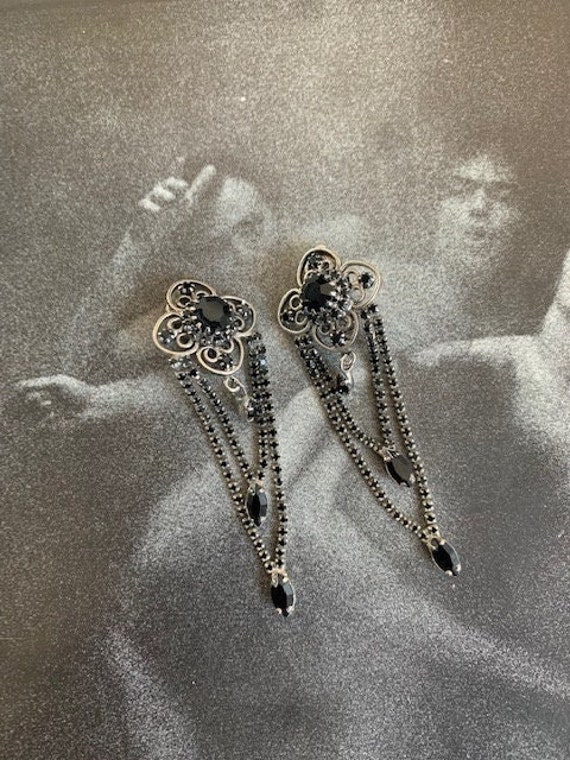 Graziano Silver with Black Rhinestone Dangle Earri