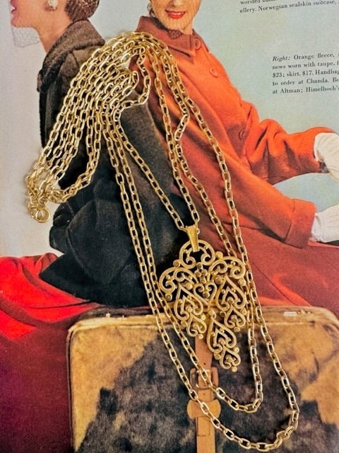 1960s Trifari Signed Scroll Pendant Necklace Vintage Three Strand