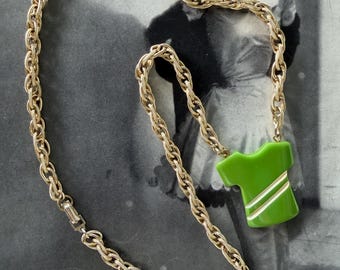 1940s Apple Green Bakelite Shirt Pendant Necklace German Signed Gold Tone Chain Early Plastic Fun T-Shirt Figural Vintage Kitschy Jewelry