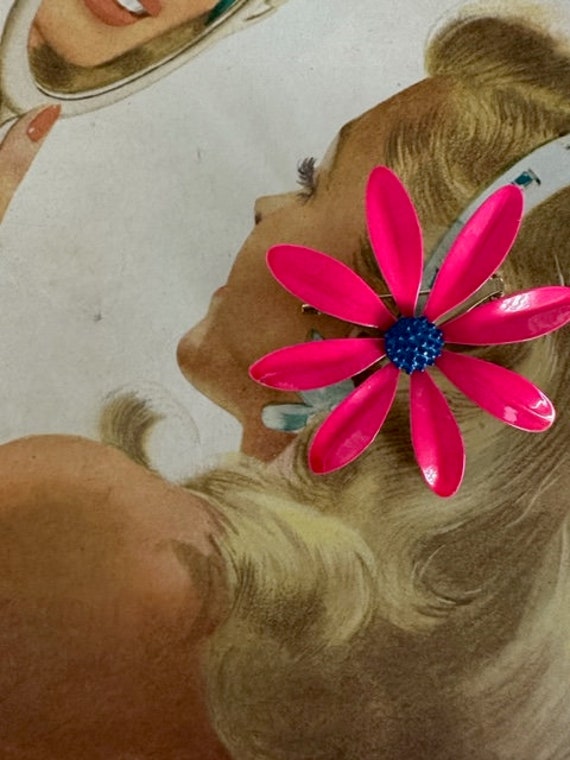 60s Metal Enamel Flower Brooch, Pink Flower Pin, … - image 6