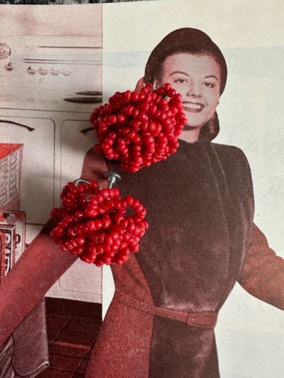 50s Red Seed Bead Earrings, Vintage Seed Bead Jewe