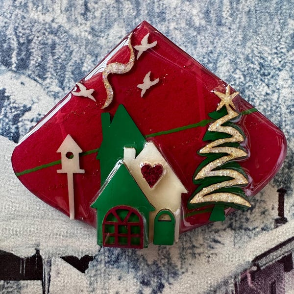 1990s House Pins by Lucinda Signed Christmas with Tree & Heart Birdhouse Vintage Handmade Holiday Brooch Festive Collectible Xmas  Gift Pin