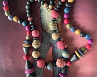 1980s Two Colorful Wooden Beaded Necklace Set Pink Blue Yellow Black Layering Vintage Multicolor Wood Boho Geometric Statement Jewelry