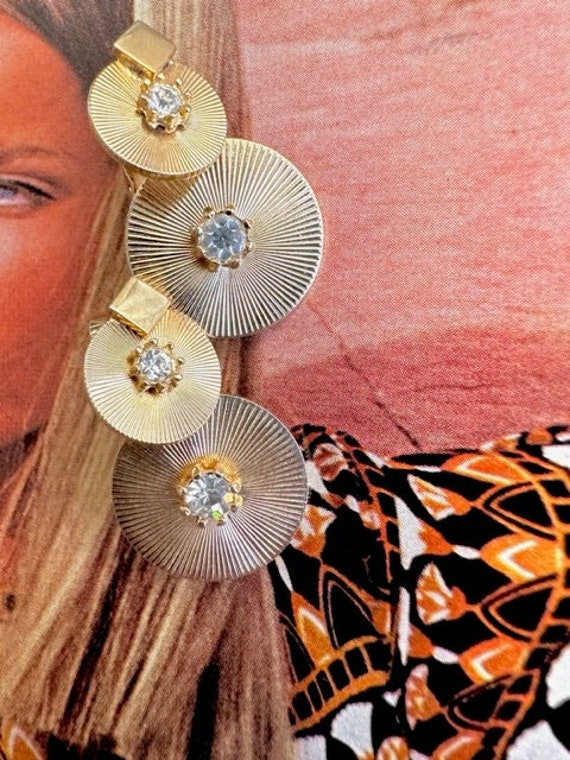 Gold Disk Dangle Earrings, Gold Disk with Rhinesto