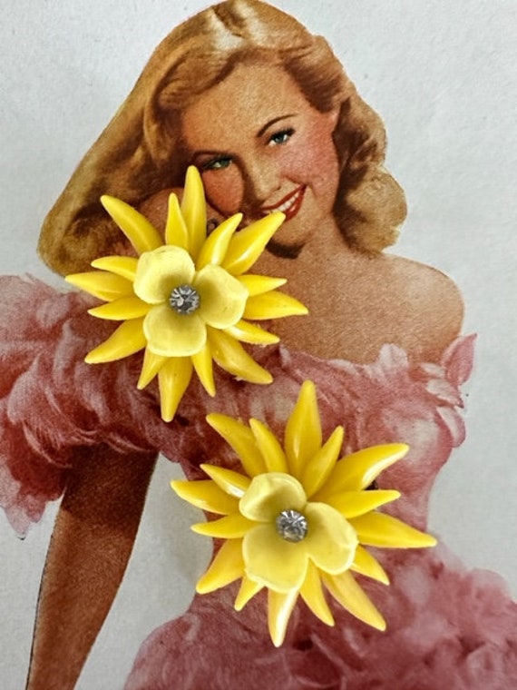 Vintage Soft Plastic Yellow Flower Earrings, Soft 