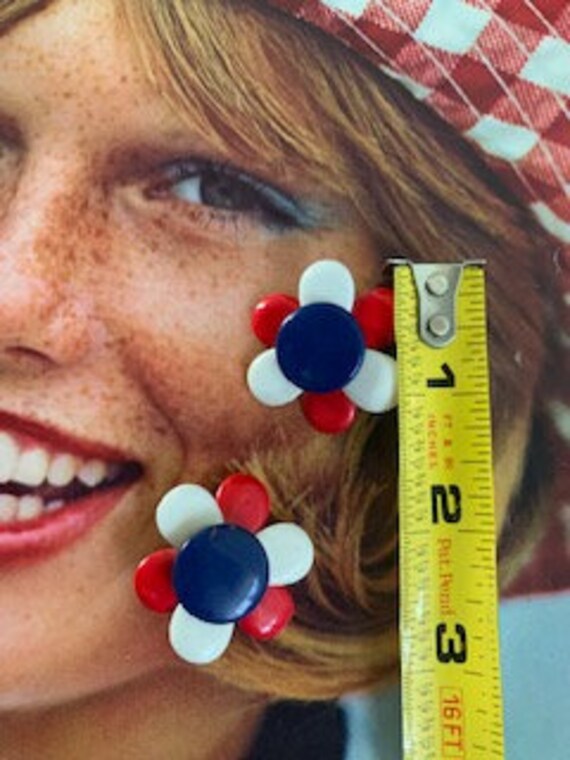 60s Red,White Blue Flower Power Earrings, 60s Flo… - image 5