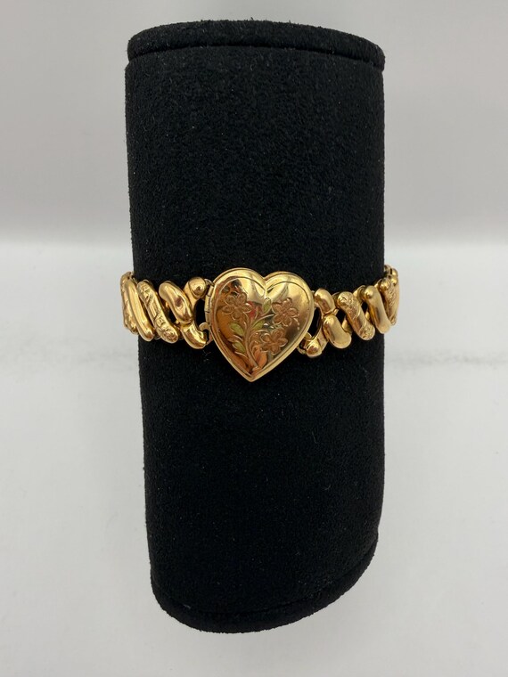 1940s Locket Sweetheart Expansion Bracelet M Signed Vintage Gold