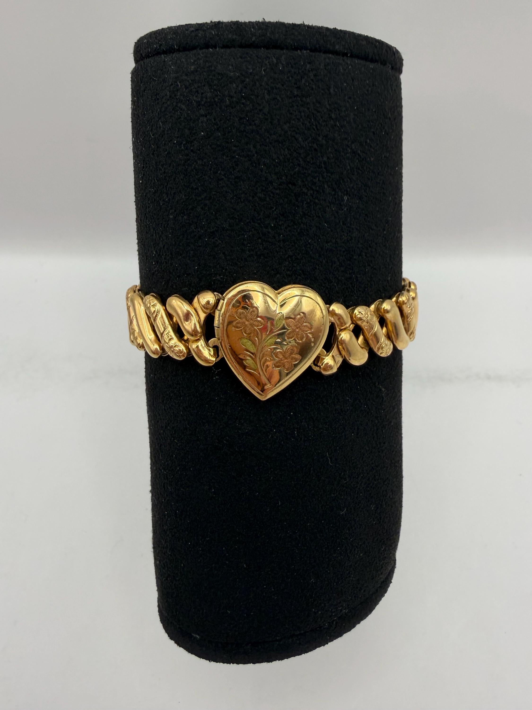 1940s Locket Sweetheart Expansion Bracelet M Signed Vintage Gold