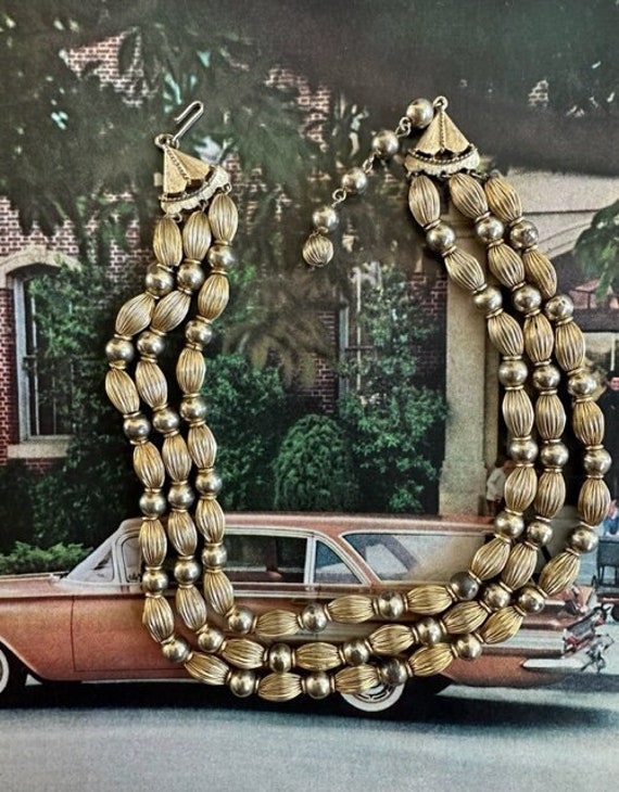 60s Gold Metal 3 Strand Beaded Necklace, 60 Gold … - image 1