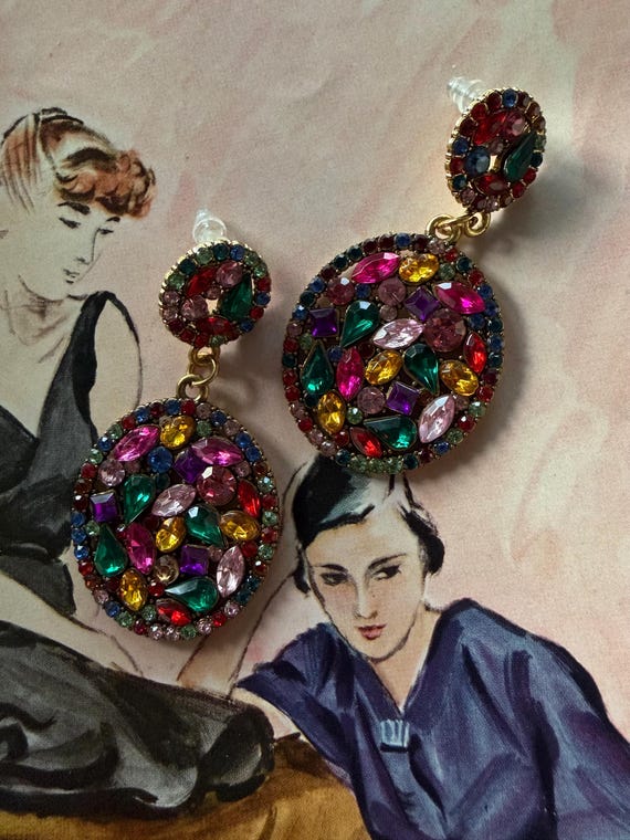 1980s Multicolor Crystal Statement Dangle Pierced… - image 3