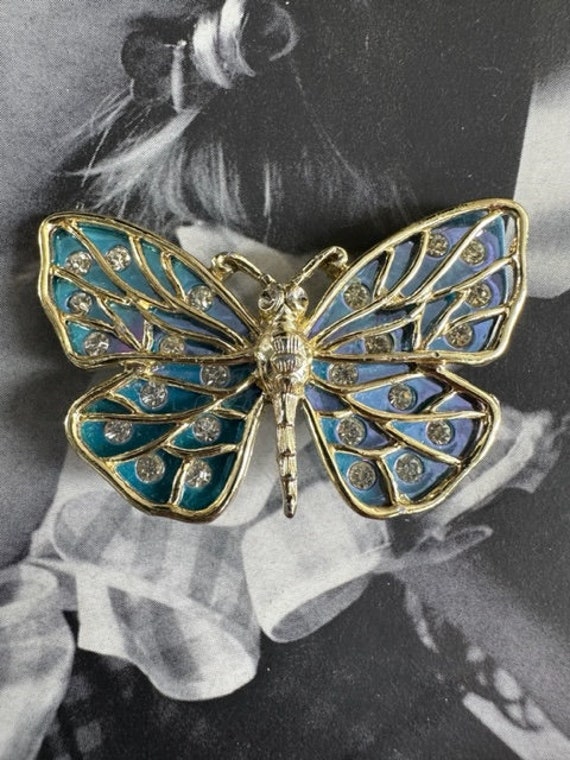 60s Iridescent Enamel and Gold Butterfly Pin, Rhi… - image 5