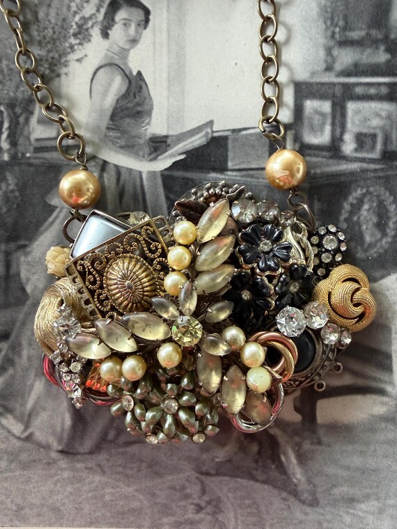 1950s Assemblage Statement Necklace Chunky Repurp… - image 3