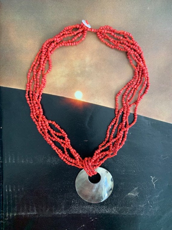 Red Coral 5 strand beaded Necklace with Shell Pen… - image 2