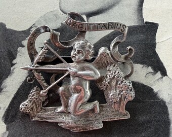 1940s Sagittarius Zodiac Cini Signed Sterling Silver Brooch Astrology Archer Cherub Vintage Horoscope Pin November & December Gift Jewelry