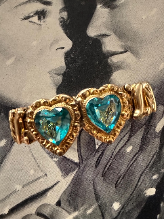 1940s Double Aqua Blue Sweetheart Expansion Bracelet Carmen Signed