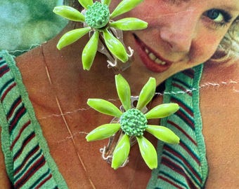 1960s Lime Green Enamel Daisy Clip On Earrings Mod Flower Power Retro Floral Vintage Mid Century Statement Jewelry