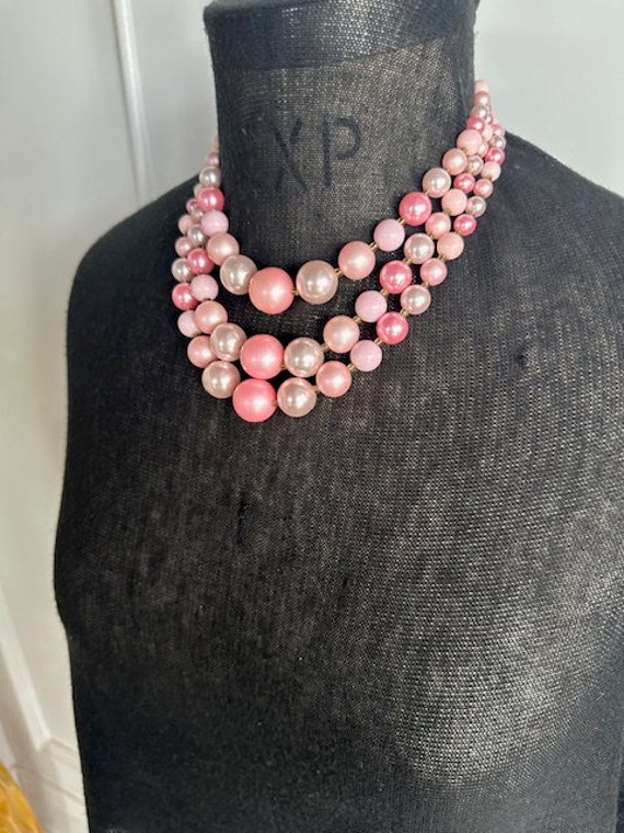 50s 3-Strand Pink Pearl Beaded Necklace, Vintage … - image 7