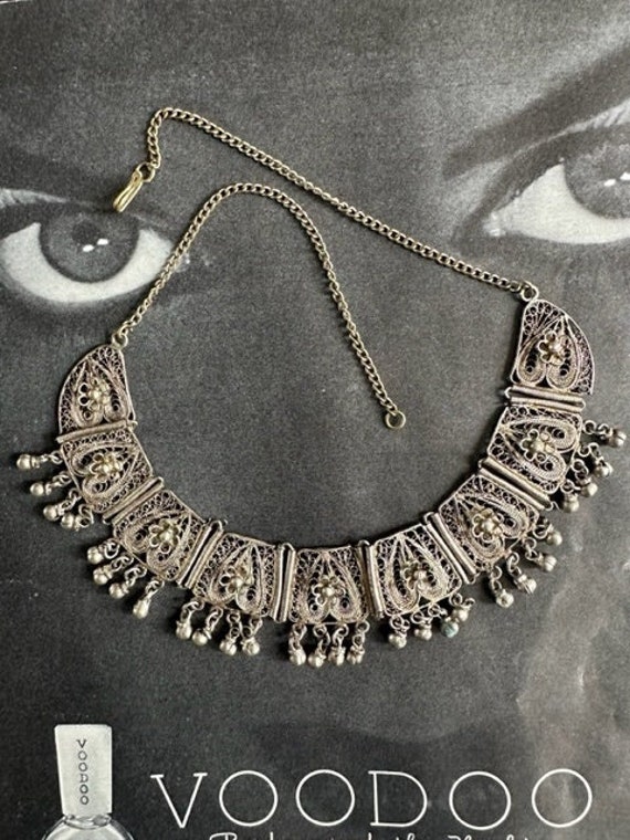 Vintage Spun Silver Panel Necklace, Boho Filagree 