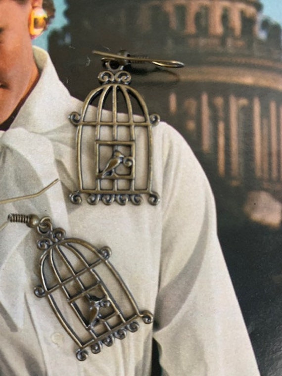 Bird Cage with Bird Earrings, 70s Bird Cage earri… - image 3