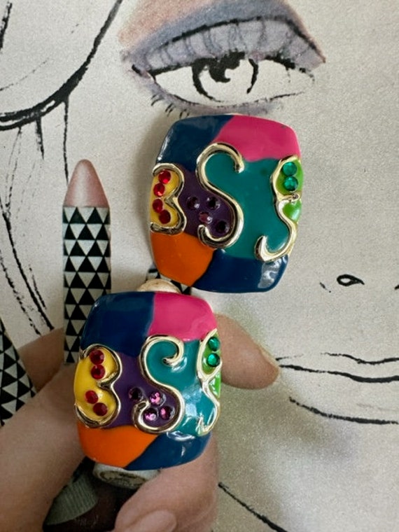 80 Mega Colorful Enamel Clip on earrings with Rhi… - image 2