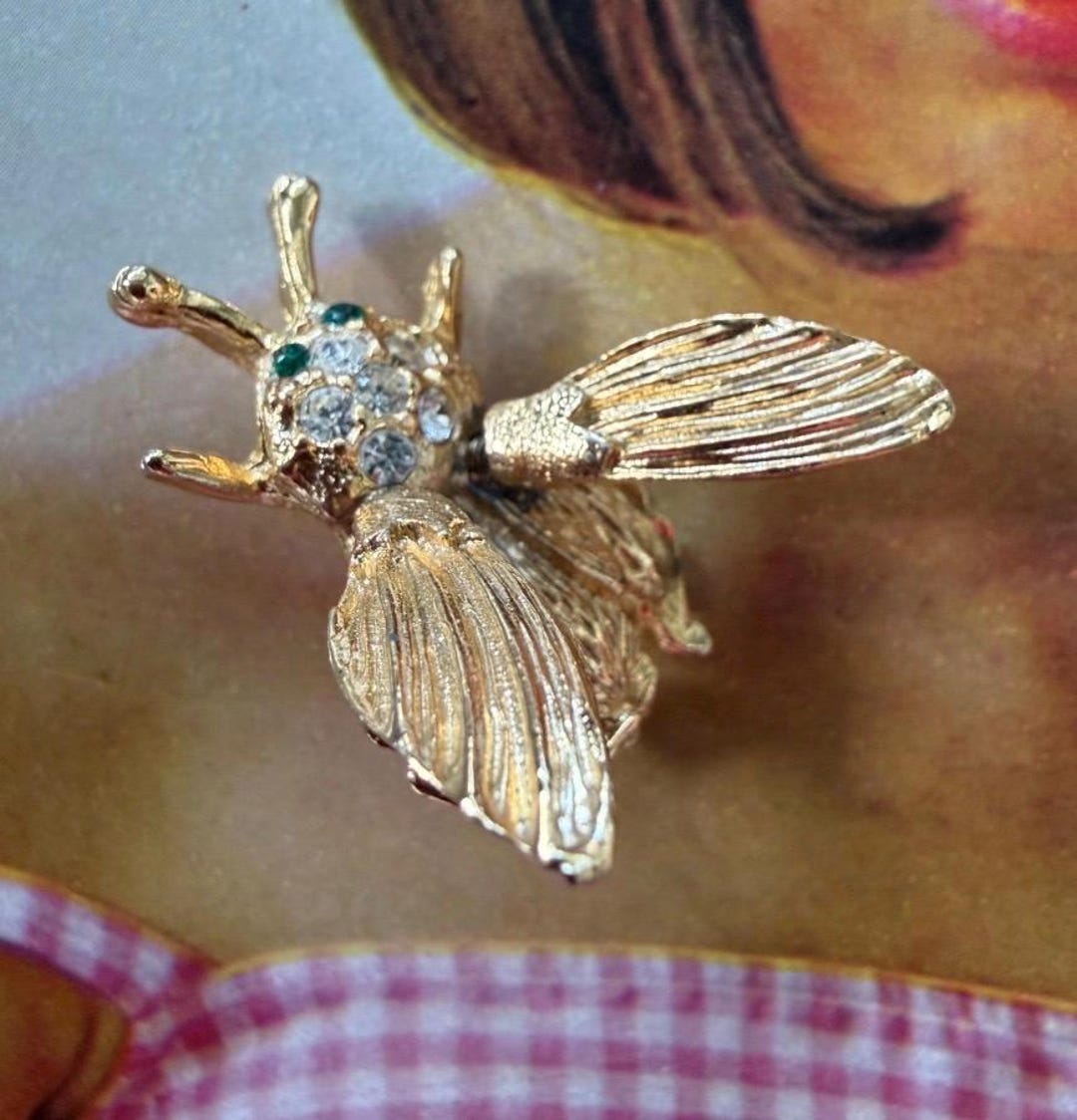 1960s Gold Tone Figural Insect Brooch Spring Trembler Wing Bug Pin ...