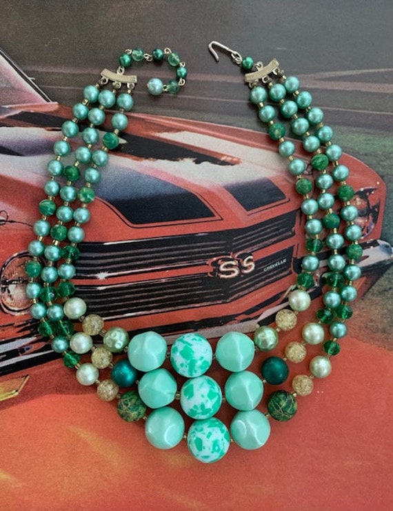 50s 3-Strand Beaded Margarita Mint Necklace, 50s … - image 5