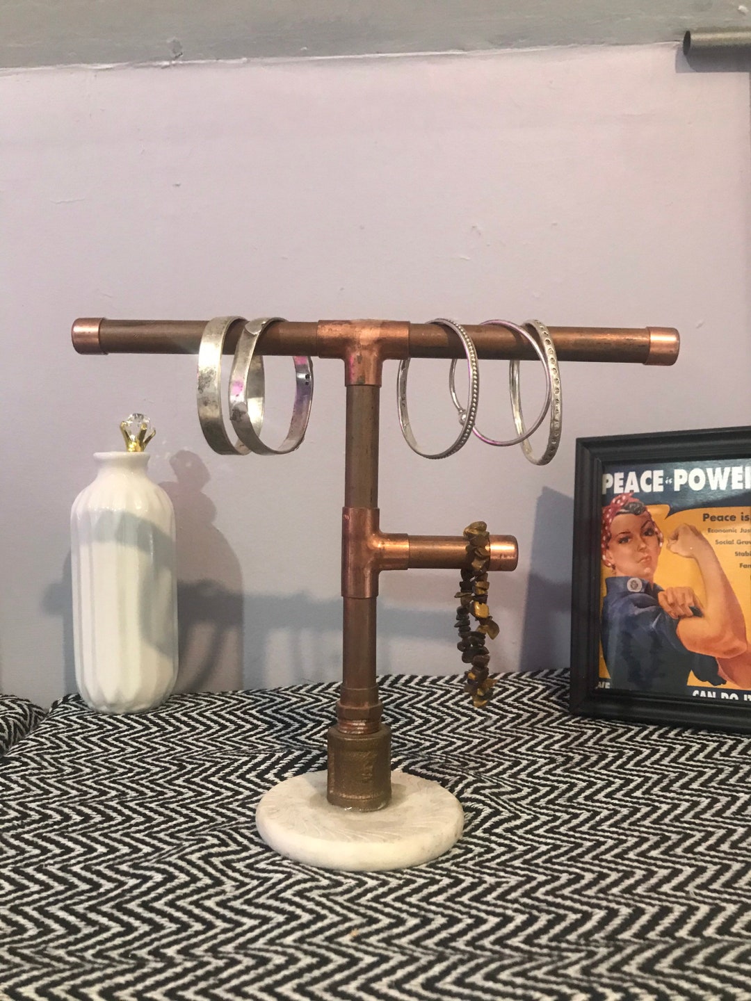 2 Tier Idustrial Pipe Jewelry Display Rack With Marble Base Etsy