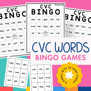 Bingo con parole CVC, Bingo CVC, Cartelle del bingo stampabili, Download del gioco del bingo, Cartelle del bingo per 30, Gioco di fonetica, Gioco CVC, Gioco della scienza della lettura