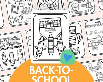 May include: Black and white coloring pages with school-themed illustrations. The pages feature images of crayons, school supplies, and children. Text includes "Ready for a Colorful Year!" and "Back-to-School Coloring Pages."