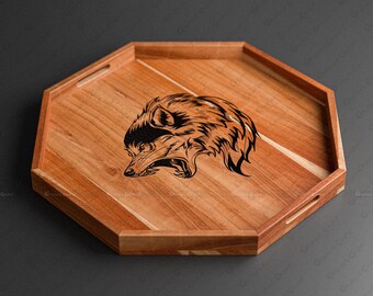 Personalized Handmade Teak Wood Ottoman Octagonal Tray: Oversized Decor | Farmhouse Serving Tray | Wolf Engraved