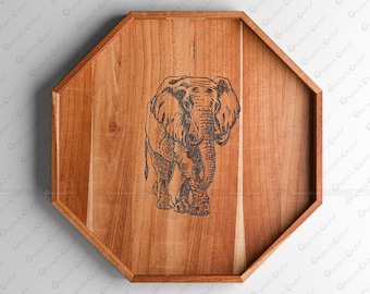 Personalized Handmade Teak Wood Ottoman Octagonal Tray: Oversized Decor | Farmhouse Serving Tray | Elephant Engraved