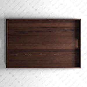 May include: A rectangular dark brown wooden serving tray with a smooth, flat surface and integrated side handles. The tray features a visible natural wood grain pattern running horizontally across the base, framed by a solid, raised border edge.