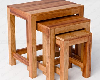 Teak Wood Nested Stool Set | Handmade Walnut Finish Side Tables, Stacking Stools
