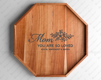Personalized Teak Wood Ottoman Tray, Engraved Gift for Mom, Farmhouse Serving Tray