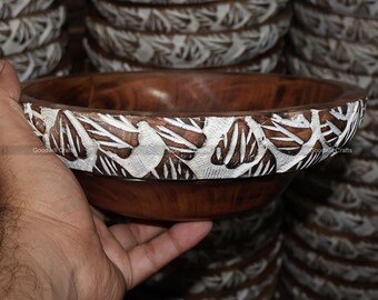 Hand Carved Mango Wood Bowl: Whitewashed Leaf Design, 9" Boho Centerpiece
