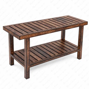 May include: A rectangular wooden bench featuring a slatted top surface and a matching lower shelf. The furniture piece is constructed with four sturdy legs and displays a dark brown wood grain finish throughout its entire frame and structure.
