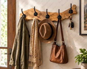 Live Edge Wood Wall Hooks | Set of 2, Natural Wood Coat & Key Holder