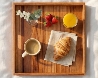 Personalized Teak Wood Serving Tray, Engraved Ottoman Coffee Table Tray