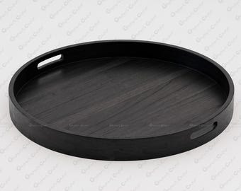 Handmade Black Teak Ottoman Tray, Oversized Round Serving Tray, Farmhouse Decor