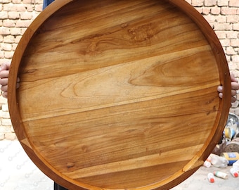 Handmade Teak Wood Ottoman Tray: Oversized Round Serving, Farmhouse Decor